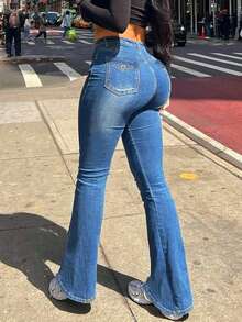 Women's Sexy Slimming Bootcut Jeans - Tummy Control Flare Pants With Button Zip Fly & Belt Loops, Stretch Denim For A Flattering Figure - Medium Wash - View 1