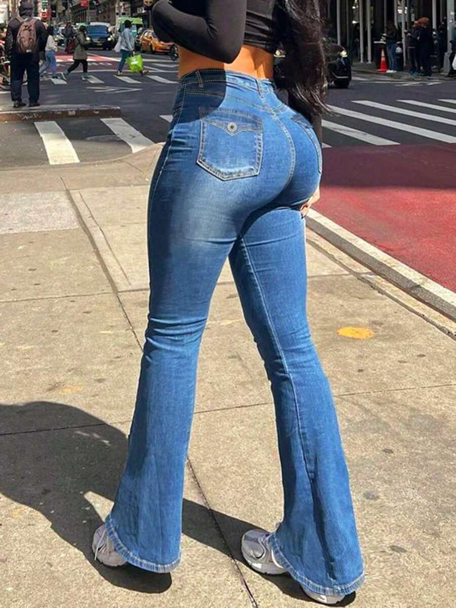 Women's Sexy Slimming Bootcut Jeans - Tummy Control Flare Pants With Button Zip Fly & Belt Loops, Stretch Denim For A Flattering Figure - Medium Wash - View 1