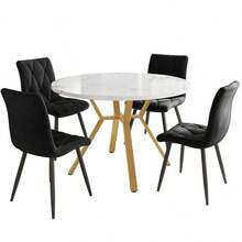 Dining Table Set, Dining Table And Chairs Set (5-Piece Set), Modern And Simple Round Dearmol Dining Table, Gold Metal Table Legs + 4 Ergonomic Velvet Chairs, Beige Dining Chairs - Đen + Vàng + MDF + Thép - View 8