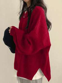 EAVA 秋冬韩版简约圆领毛衣，优雅宽松百搭喇叭袖侧开衩套头针织衫，适合女性，情人节，情人节女装，情人节服装