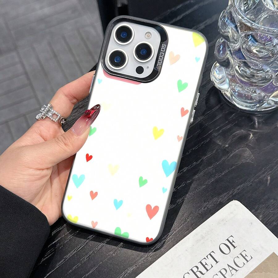 Colorful Silver Apple Phone CasePastel Hearts On White BackgroundCompatible With  11 To  17 Models The Cases Lens Protection Function Ensures The Camera Remains Undamaged During Shooting  Guaranteeing Image Quality - Black - View 1