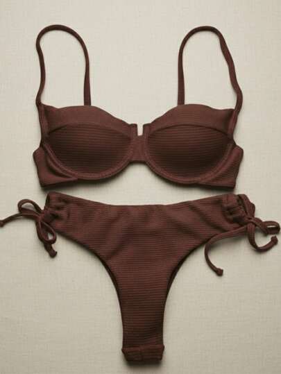 Biquini Feminino Top Meia Taça Retro Texturizado Calcinha de Amarrar Asa Delta Fio Duplo Biquini da Moda