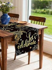 1pc Happy New Year Party Black & Gold Table Runner, 11.8*70.8in, Durable Polyester Rectangular Tablecloth Decor, Firework Pattern, Festive & Elegant Holiday Style, New Year Party Decoration, No Electricity Needed, Home Table Decor, Winter Restaurant Party Decor, Multipurpose Retro New Year Decoration