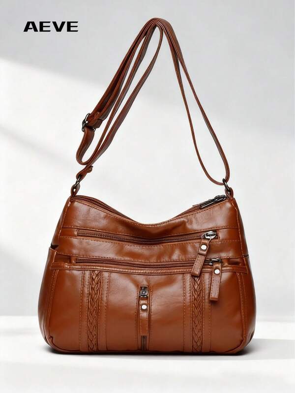 Borsa a tracolla da donna di colore unito con grande capacità, borsa vintage elegante con chiusura lampo e tasche multiple, con tracolla in pelle piccola e zip, decorazione intrecciata, in PU impermeabile e antifurto, adatta per shopping, feste, lavoro, leggera e portatile, ideale per riporre telefono, monete e altro