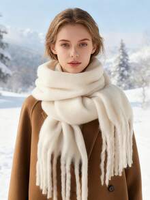 Solid Color Scarf, Versatile Winter Warm Long Tassel Neck Scarf - Multicolor - View 2