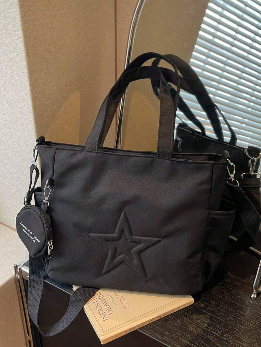 New Fashionable Casual Canvas Star Pattern Tote Bag With Coin Purse For Women , Office Bag - Black - View 1