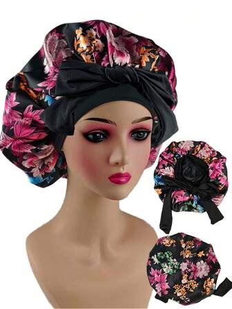 1顶女士纯色扎染缎面睡帽，休闲舒适，适合日常佩戴和睡眠，也可用作美发沙龙护发帽。