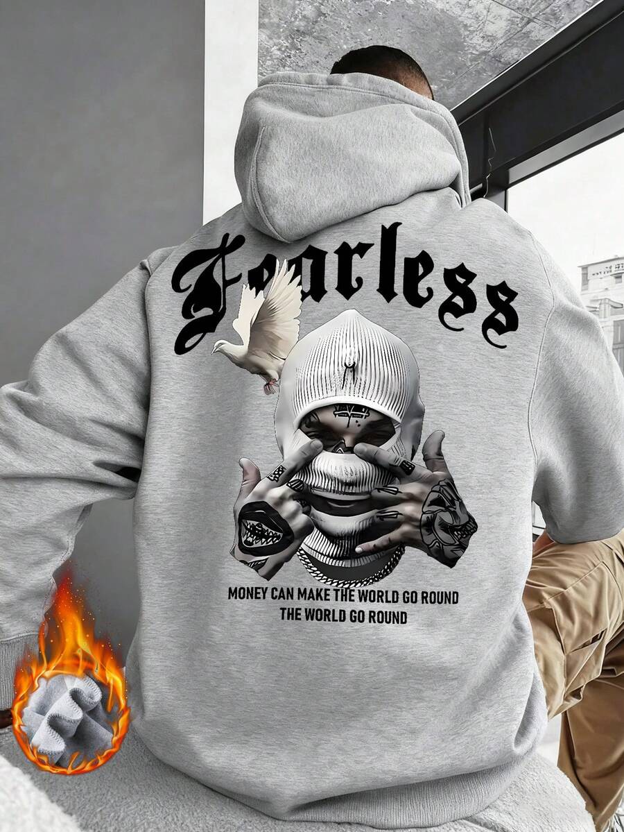 男士宽松保暖连帽衫，秋冬街头风格 - 灰色 - 查看 1