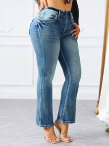 Women's Flare Jeans - Butt Lifting Stretch Denim Pants With Double Button & Distressed Back Pockets, Vintage Wash Casual Chic For Women - 中等水洗藍 - 查看 5