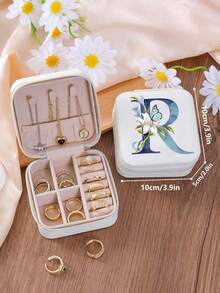 1 Peça Caixa de Joias Minimalista com Floral e Letra, Caixa de Joias Portátil de PU para Viagens de Verão, Mini Organizador de Joias para Brincos, Colares, Anéis, Exibição e Armazenamento de Joias, Caixa de Joias de Grande Capacidade, Adequada para Presentes do Dia das Mães, Natal, Halloween, Organizador de Joias Feminino, Essencial de Viagem, Armazenamento de Dormitório de Volta às Aulas - Branco - Visão 34