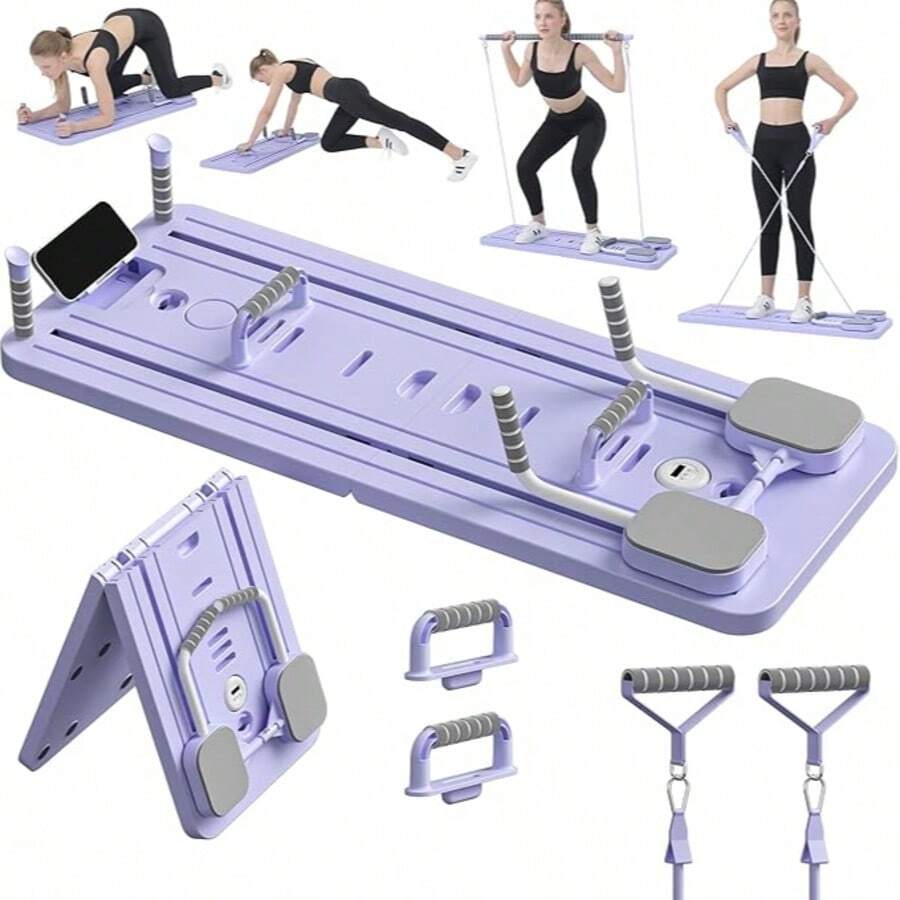 10 en 1 Tabla de ejercicios abdominales multifuncional, Reformador de Pilates para el hogar, Equipo de entrenamiento de abdominales y fortalecimiento del núcleo, Tabla de ejercicios para gimnasio en casa, Plegable, Ligero y Eficiente - Morado - Ver 1