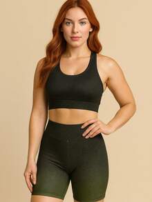 Women's Fitness Gym Set: Shorts + High-Waisted Gradient Top - Premium - 軍綠色 - 查看 2