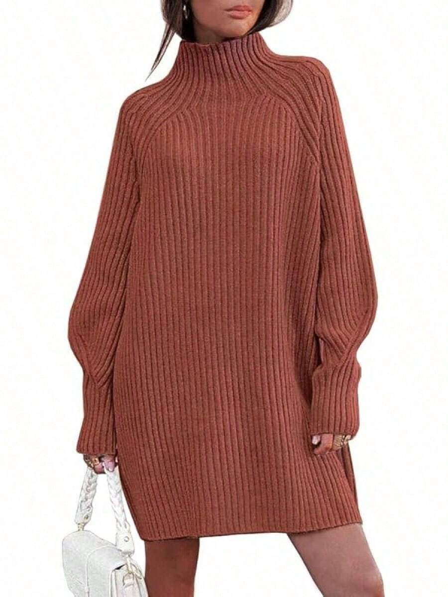 2026 Women's Casual Knit Dress Sweater Dresses For Women Fall Fashion Mock Neck Long Lantern Sleeve Oversized Outfits Knit Tops Clothes , Bodycon Long Sleeve For Sports Outdoor Wear, Loose Fit Long Sleeve Comfy Daily Outfits For Women - 焦糖 - 查看 1