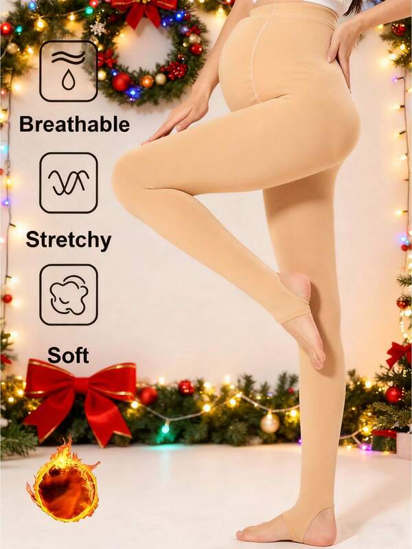 1 pieza Medias de maternidad de estilo coreano suave para uso exterior, con diseño de soporte abdominal ajustable de color piel, con forro de felpa, de estilo grueso y elástico, que brinda un soporte estable al vientre, con retención de calor, adelgazamiento y mejora del temperamento, antideslizante, para Navidad y citas