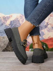 Mocassins décontractés à semelle épaisse avec chaîne métallique pour femmes grandes tailles - Gris - Voir 3