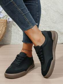 女士户外休闲运动鞋，金属扣装饰，人造革，系带，舒适时尚，2025年秋季新款 - 黑色 - 查看 5