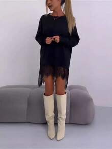 Women's Beige Lace-Edged V-Neck Pullover - Loose Fit Pullover With Layered Lace Edges, Suitable For All Seasons As A Casual Sweater, Transitions From Dresses To Pants, Machine Washable, Ideal For Christmas And Halloween Gifts - 黑色 - 查看 2