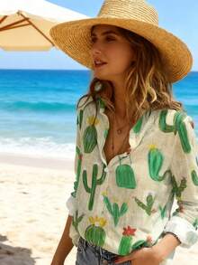 Women's Cotton Linen Blouse With Long Sleeves, Plus Size - Branco-w3 - View 6