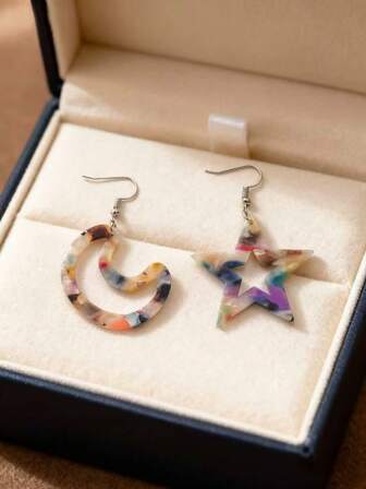 1 Pair Fashionable Acrylic Star & Moon Shaped Stud Earrings For Women, Everyday Wear, Festivals, Parties, Birthday Gifts For Friends [Random Gradient Pattern]