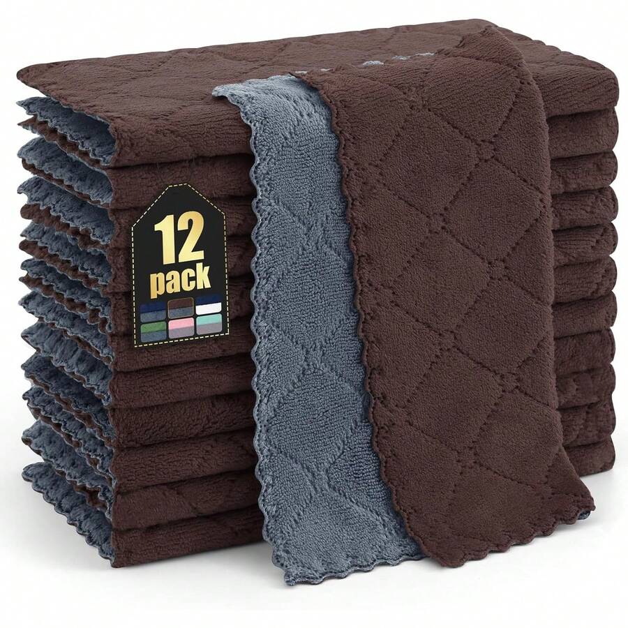 12 Pack Kitchen Dish Cloths (10 X 10 Inches, Cream Yellow), Super Soft And Absorbent Coral Velvet Dish Towels, Nonstick Oil Fast Drying Microfiber Cleaning Cloth, No Lint Household Dishcloths, 2025 - 深灰色和棕色 - 查看 1