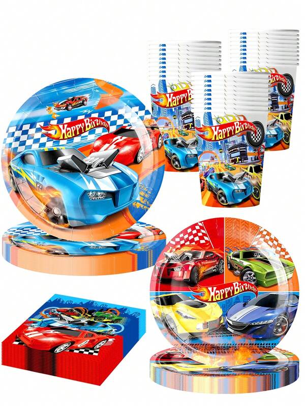 10 Stücke Auto Geburtstags Party Deko Hot Car Einweg Besteck Set beinhaltet Rennwagen Teller, Becher, Servietten Party Set geeignet für Kinder Jungen Rennwagen Geburtstags Deko