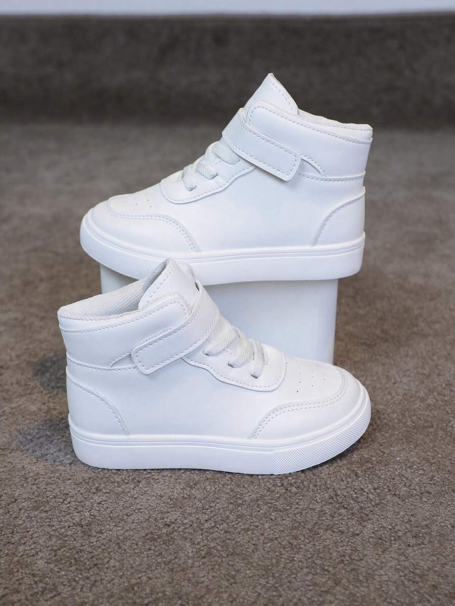 Boys, Toddlers' High-Top Canvas Sneakers, Casual High-Top Shoes With PU Uppers, Suitable For All Seasons, Collegiate Style - White - View 1