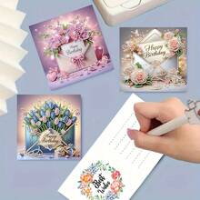6件套DIY钻石画生日贺卡套装，花卉信封图案明信片，独特的纯手工生日祝福卡，[包含6个信封]，是向长辈、家人和朋友表达温暖美好祝福的理想之选，钻石画贺卡明信片套装，表达爱意和关怀，是表达真挚祝福的最佳礼物。 - 彩色 - 查看 3