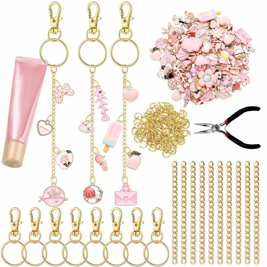 130/65pcs DIY Keychain Making Kit - Creative Fashion Keychain Accessories Pack, Includes Random Zinc Alloy Pendant/Clasp/Extension Chain/Tools, Handmade Jewelry DIY Creative Product, Suitable For Women