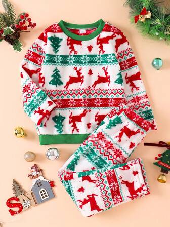 两件套儿童男童休闲法兰绒长袖抓绒套装，圣诞节、秋冬季