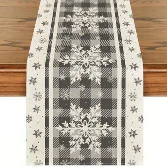 1PC Winter Gray And White Plaid Snowflake Holiday Christmas Table Runner - Made Of Polyester, Seasonal Winter Kitchen Dining Table Home Party New Year Decoration Table Cloth
