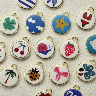 1PC Retro Round Copper Charms With Fruit, Floral, Animal & Cartoon Prints, DIY Jewelry Making Accessories For Earrings Necklaces