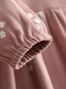 女婴秋季花朵刺绣长袖连衣裙时尚翻领幼儿服装（6个月至3岁） - 粉色 - 查看 6