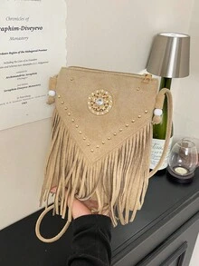 1 pezzo Borsa per cellulare in stile boho retrò con nappine, chiusura con cerniera in nylon, design di nicchia e di alto valore, borsa a tracolla, adatta per lo shopping, la vita quotidiana e i viaggi, stile alla moda e letterario, disponibile in una varietà di colori, un must-have per la moda