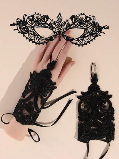 Black Lace Mask And Gloves Set, Mysterious And Charming Decorative Mask Suitable For Festivals, Parties, And Balls