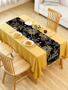 1pc Happy New Year Party Black & Gold Table Runner, 11.8*70.8in, Durable Polyester Rectangular Tablecloth Decor, Firework Pattern, Festive & Elegant Holiday Style, New Year Party Decoration, No Electricity Needed, Home Table Decor, Winter Restaurant Party Decor, Multipurpose Retro New Year Decoration