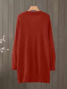 Große Größen V-Ausschnitt einfarbiges Strick Lässig Kleid, Herbst/Winter - Rot - Übersicht 2