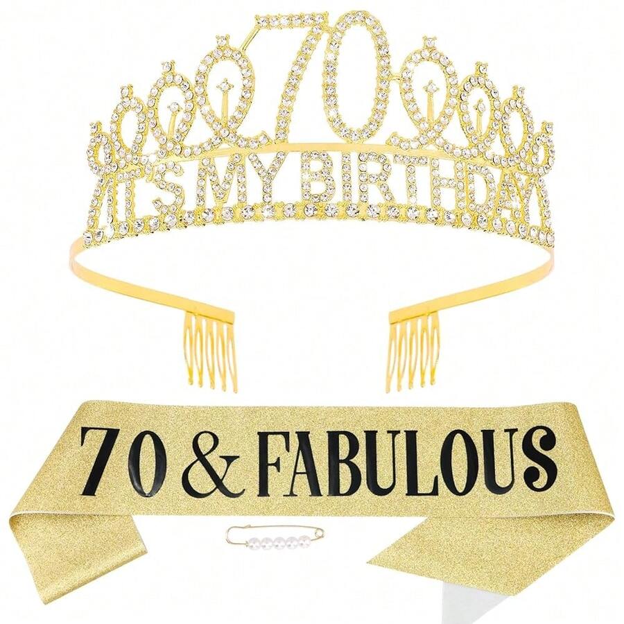 70th Gold Birthday Decorations For Women, 70 Birthday Women Decorations Set- It's 70th Crown And Sash With 70 & Fabulous{Inchcolorinch:Inch70thinch} - 第七十屆 - 查看 1