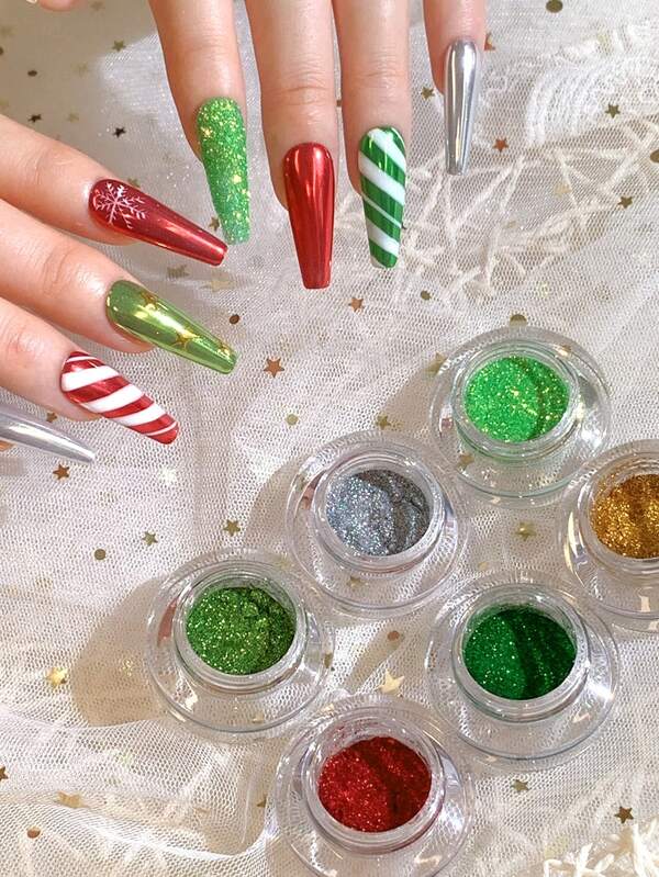Christmas Nail Glitter Chrome Powder Metallic Mirror Effect Red Greed Silver Sparkle Pigment Manicure For Nails Design Decoration