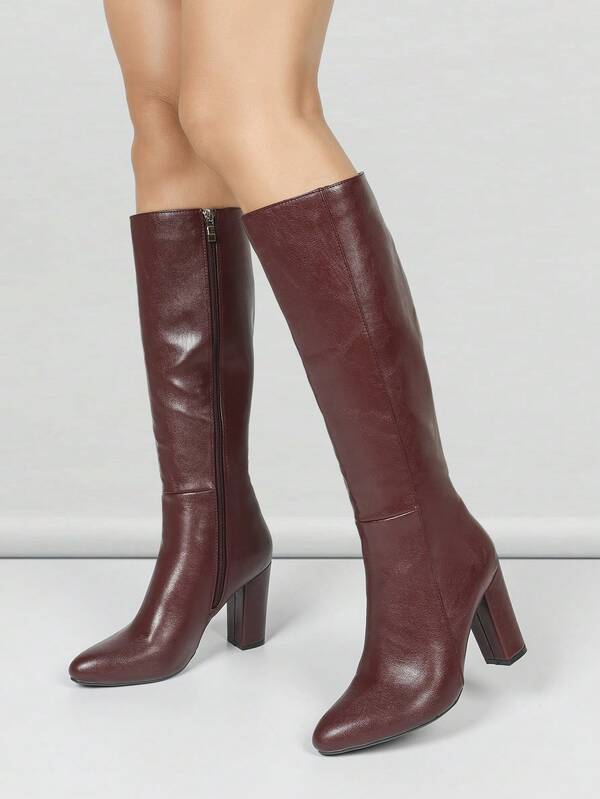 Women's Elegant Burgundy Side Zipper Chunky Heel Over-The-Knee Boots, Retro European And American Style, Durable And Fashionable Pointed Toe Boots For Autumn/Winter, High Comfort And Stylish, Suitable For Various Occasions
