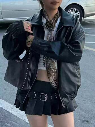 1 pièce Veste en cuir mat ample et de couleur unie pour femmes, automne/hiver