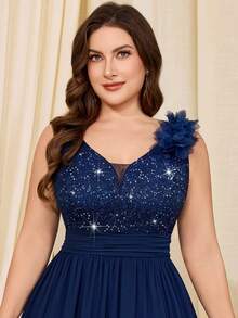 Plus Sequin Floral Lace Deep V-Neck 3D Flower Sleeveless Contrast Chiffon Split Thigh Ruched Hem Formal Party Maxi Dress, Homecoming Dress, Prom Wedding Guest Dress, For Graduation, Dinner, Formal Events - Màu xanh hải quân - Xem 8