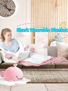 Shark Blanket Hoodie For Adult Kids, Cozy Flannel Throw Wearable Blanket, Cartoon Animals Shark Shark Costume,New Pattern Cartoon Animals Cute Funny Sleeping Bag Gift Home And O (Pink,Blue) - Multicolor - View 5