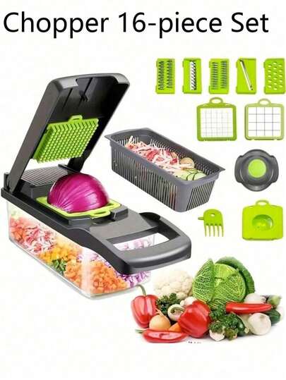 16pcs/Set, Vegetable Chopper, Multifunctional Fruit Slicer, Manual Food Grater, Vegetable Slicer, Cutter With Container, Onion Mincer Chopper, Household Potato Shredder, Kitchen Stuff, Kitchen Gadgets, Dorm Essentials