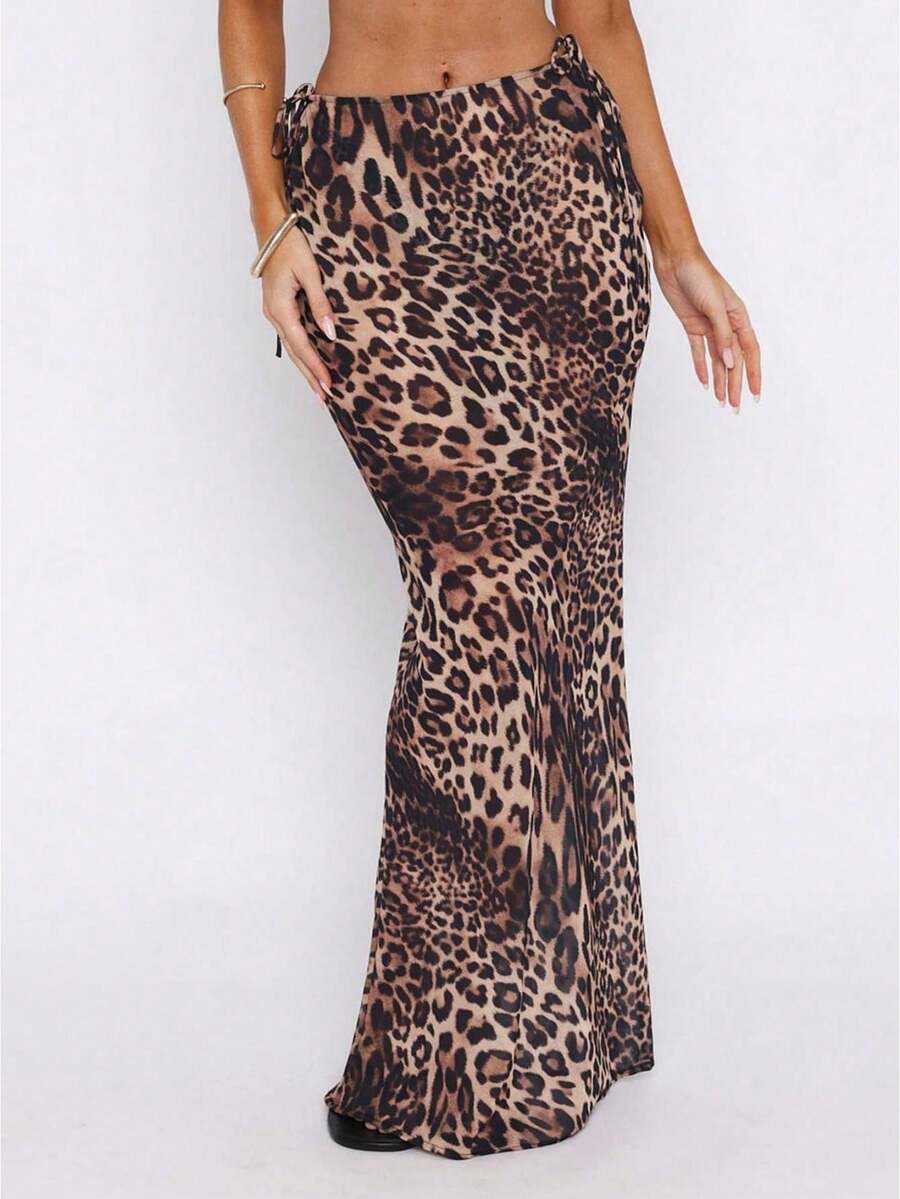 Women Y2K Floral Print Sheer Mesh Skirt Summer See Through Cover-Up Bodycon Pencil Long Skirt Boho Beach Maxi Skirt - 棕色 - 查看 1