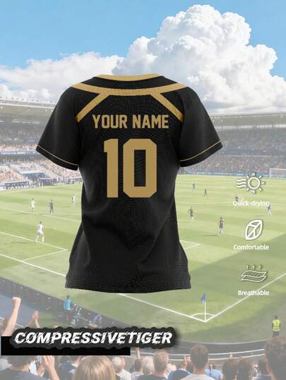 Customized Women's Short Sleeve Soccer Training Jersey - Personalized Name And Number Printing (Front/Back) - Black And Burgundy With Gold Accents - Round Neck Design - Quick-Dry Breathable Fabric - Suitable For Soccer, Volleyball, Basketball, Casual Wear, Also An Ideal Gift For Halloween, Thanksgiving, Christmas And New Year Summer Sports