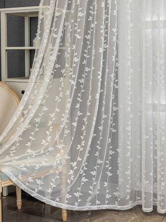1pc White French Country Style Lace Jacquard Sheer Curtain With Vine & Leaf Pattern, Semi-Blackout, Suitable For Living Room, Bedroom, Balcony, Office, Home Decor, All Season