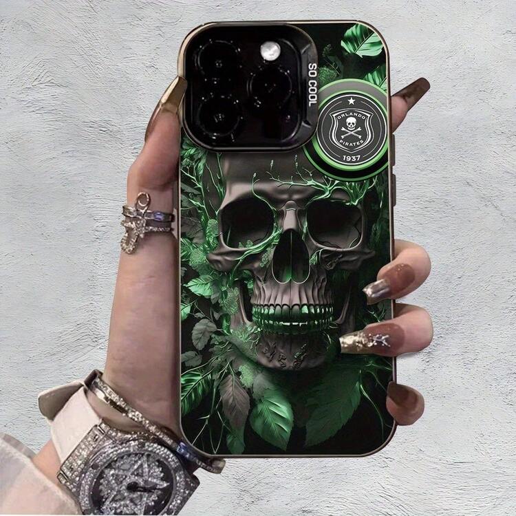 Arte de Fútbol Sudáfrica - Estilo Calavera Verde Orlando - Duradero y Resistente |   Protección de cámara |   A prueba de golpes y resistente a caídas |   Superficie plateada de lujo ligero |   Cómodo y Antideslizante |   Sencillo y Discreto, Proceso IMD Impresión Plana Adecuado para iPhone 16/15/14/13/12/11 - Funda Suave de TPU Negra, Ofrece Protección Antigolpes, Evento de Halloween, Oferta de Verano - Mezcla de colores - Añade 2