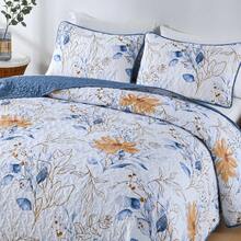 3Pcs Navy Blue Leaf Queen King Double Bedspread Coverlet Bedding Sets (1 Quilt + 2 Pillow Cases), Botanical Leaves Printed Bedspread Bedding Set, Microfiber Floral Coverlet Bedding Set For Wedding Items, Valentines Day Home Bed Room Decor, Mothers Day Gift, All Season - 藏蓝色 - 查看 4