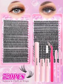 720 piezas de pestañas postizas D-Curl esponjosas, alta capacidad, adecuadas para crear un maquillaje de ojos denso, voluminoso y natural, DIY belleza, tutorial de capacidad individual grande para el hogar, adecuado para principiantes, principiantes, artistas del maquillaje, suave y de larga duración - Negro - Ver 2