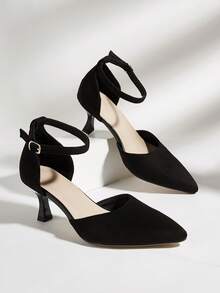 Black Faux Suede Stiletto Hollow Out High Heel Pumps, Versatile For Daily Wear, Banquet, Party, Fashion,Kitten Heels - Black - View 1